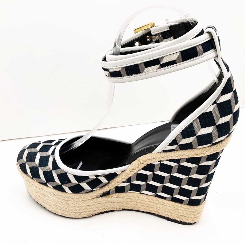 {Pierre Hardy} Canvas & Leather Cubed Print Espadrille Wedges - Picture 3 of 16
